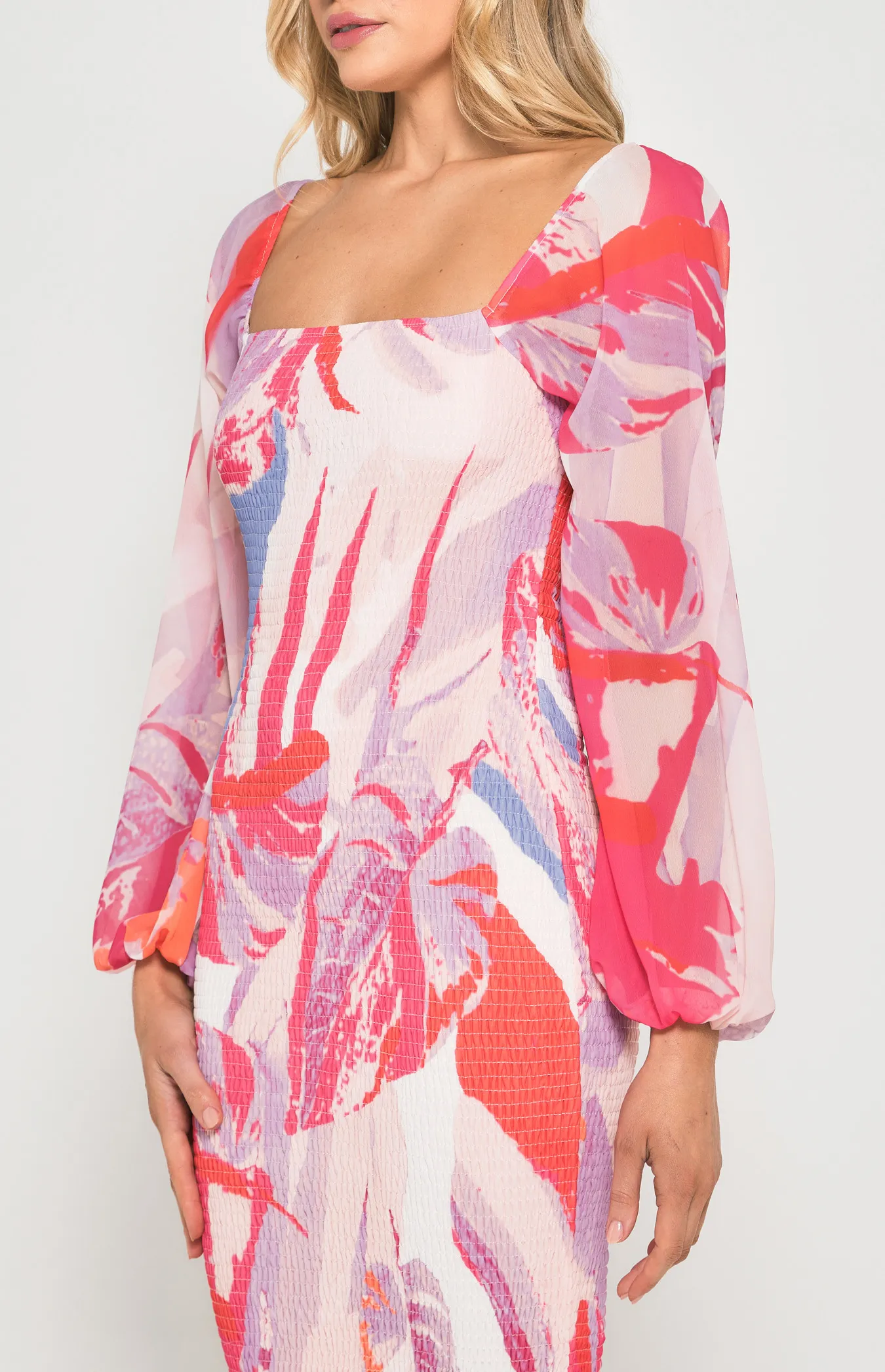 Abstract Print Shirred Midi Dress (SDR1186-2B)