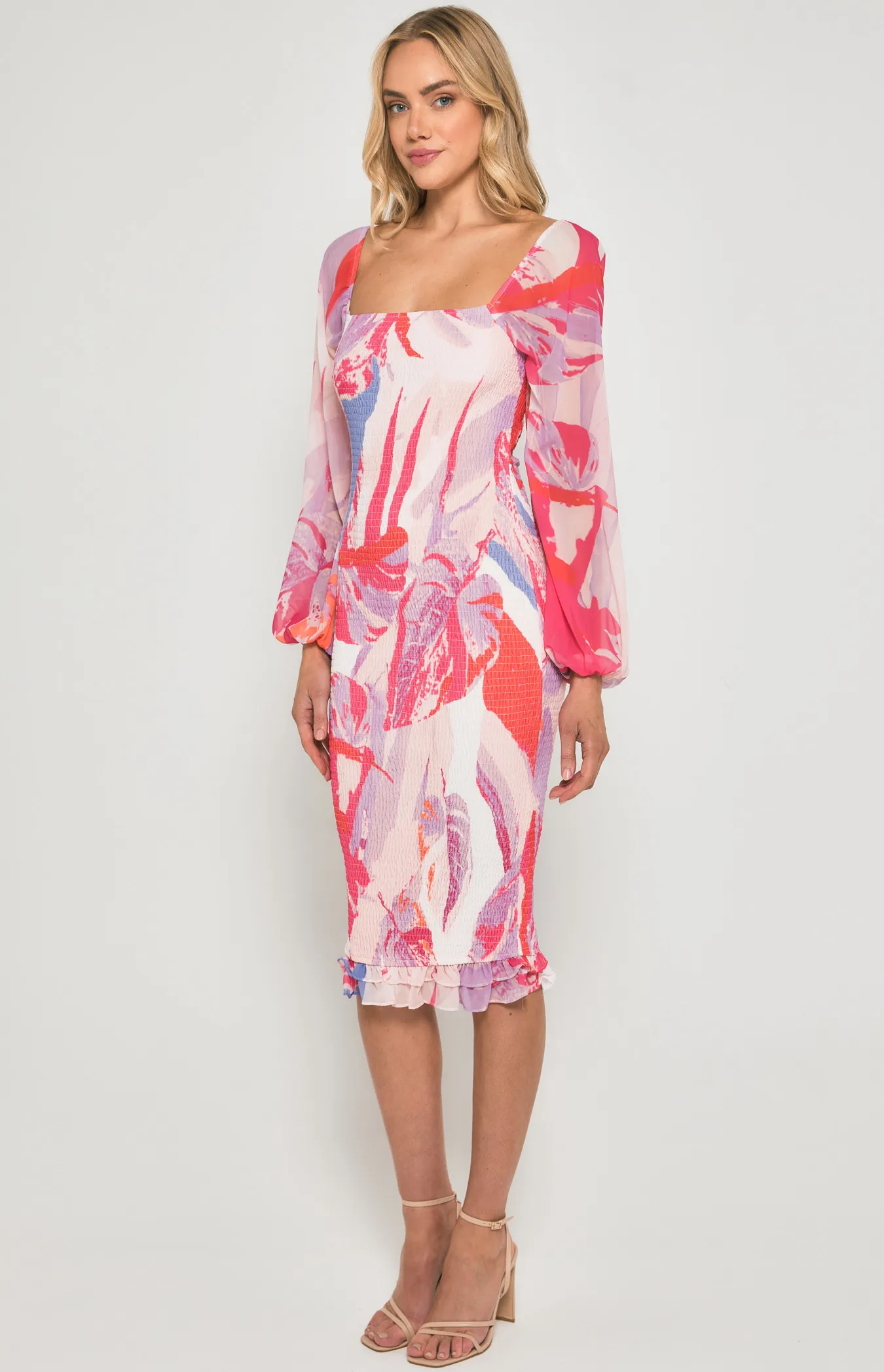 Abstract Print Shirred Midi Dress (SDR1186-2B)