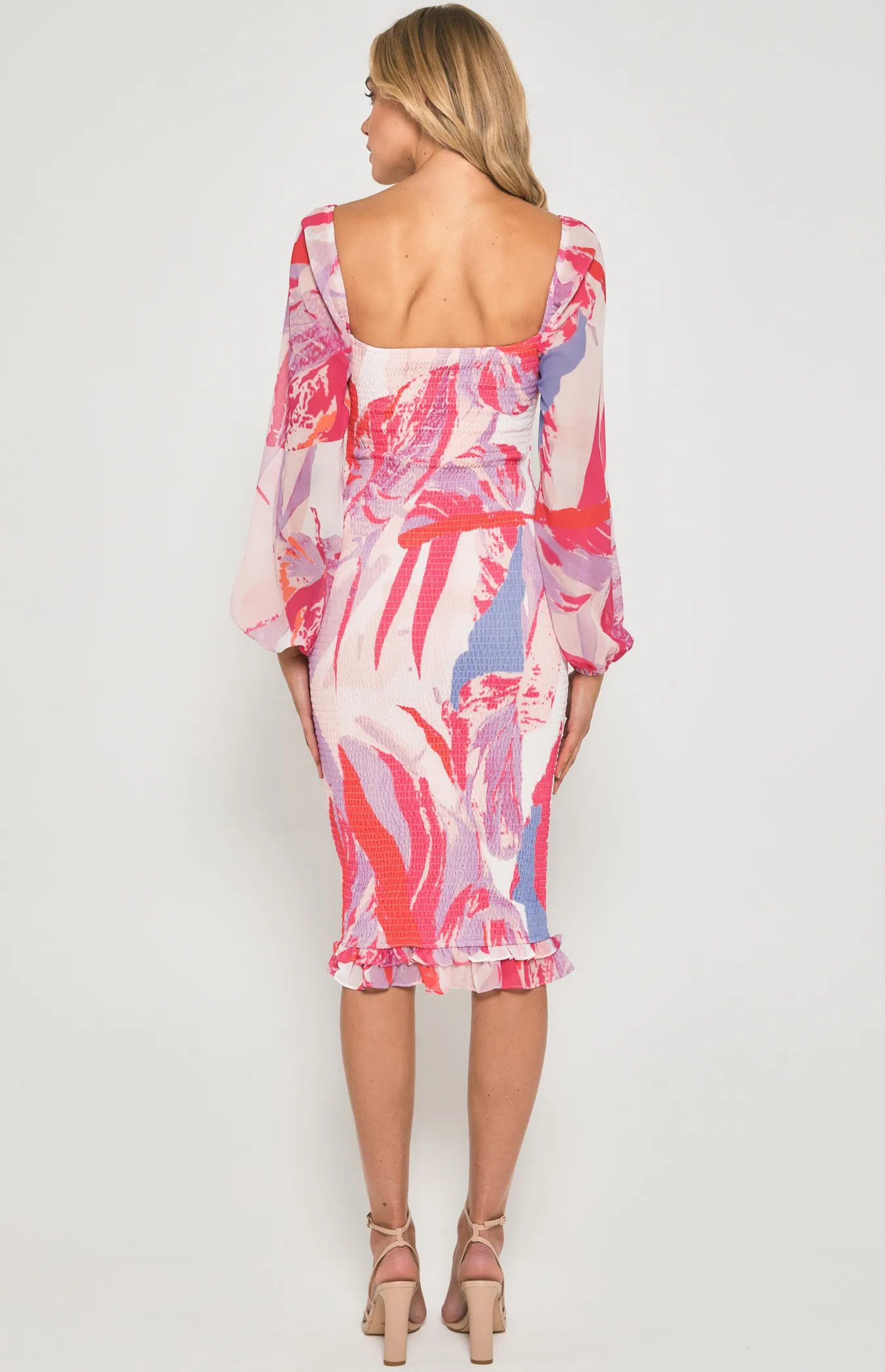 Abstract Print Shirred Midi Dress (SDR1186-2B)