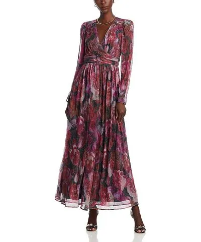 Aqua Floral Crinkle Metallic Long Sleeved Maxi Dress