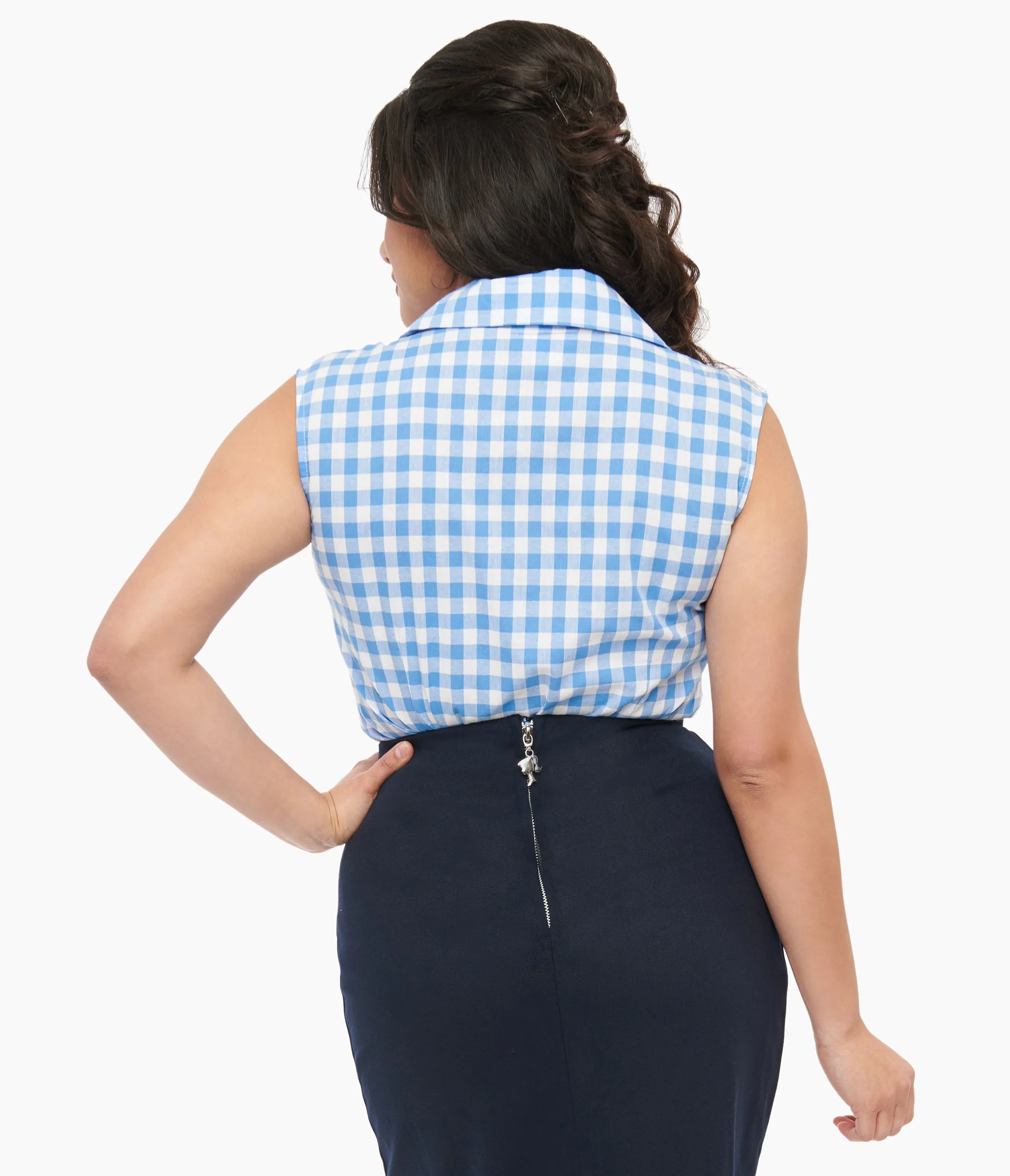 Barbie x Unique Vintage 1950s Blue & White Gingham Commuter Set Collar Blouse