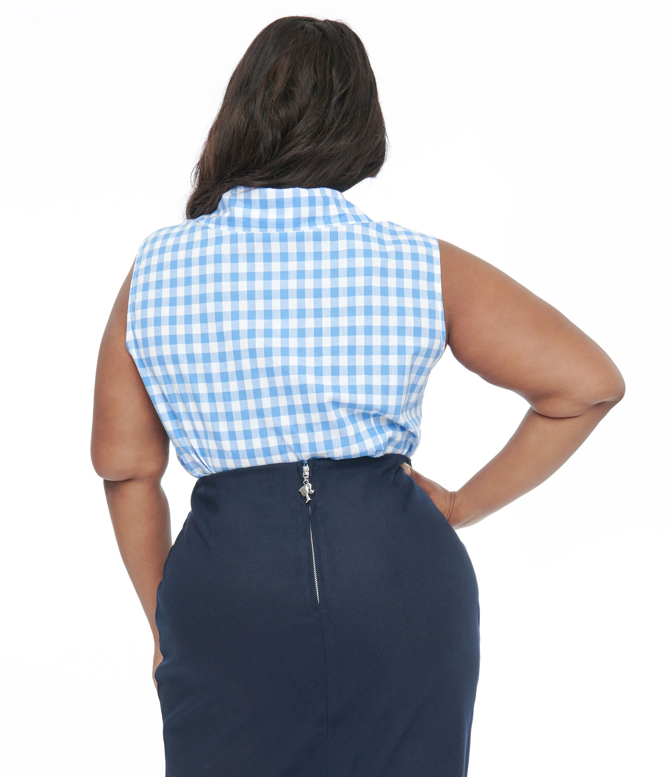 Barbie x Unique Vintage Plus Size 1950s Blue & White Gingham Commuter Set Collar Blouse