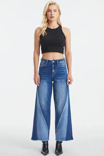 BAYEAS Full Size High Waist Two-Tones Patched Wide Leg Jeans