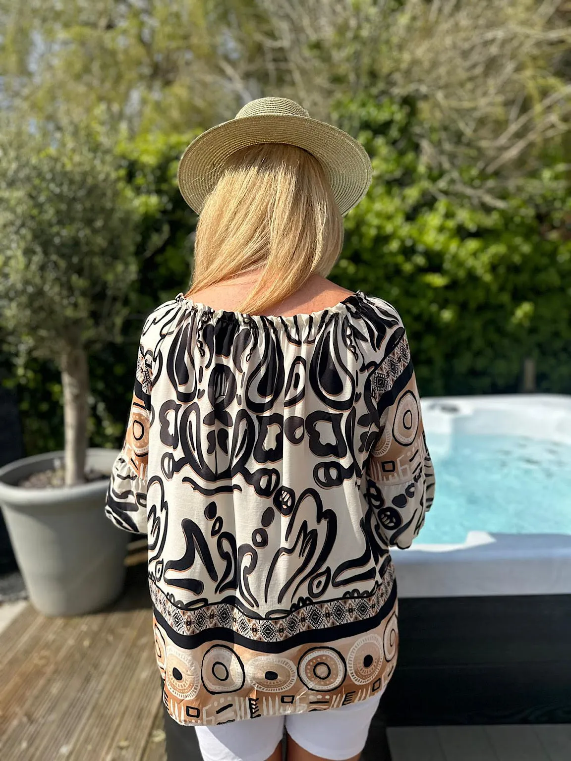 Black Patterned Bardot Tassel Blouse Maria