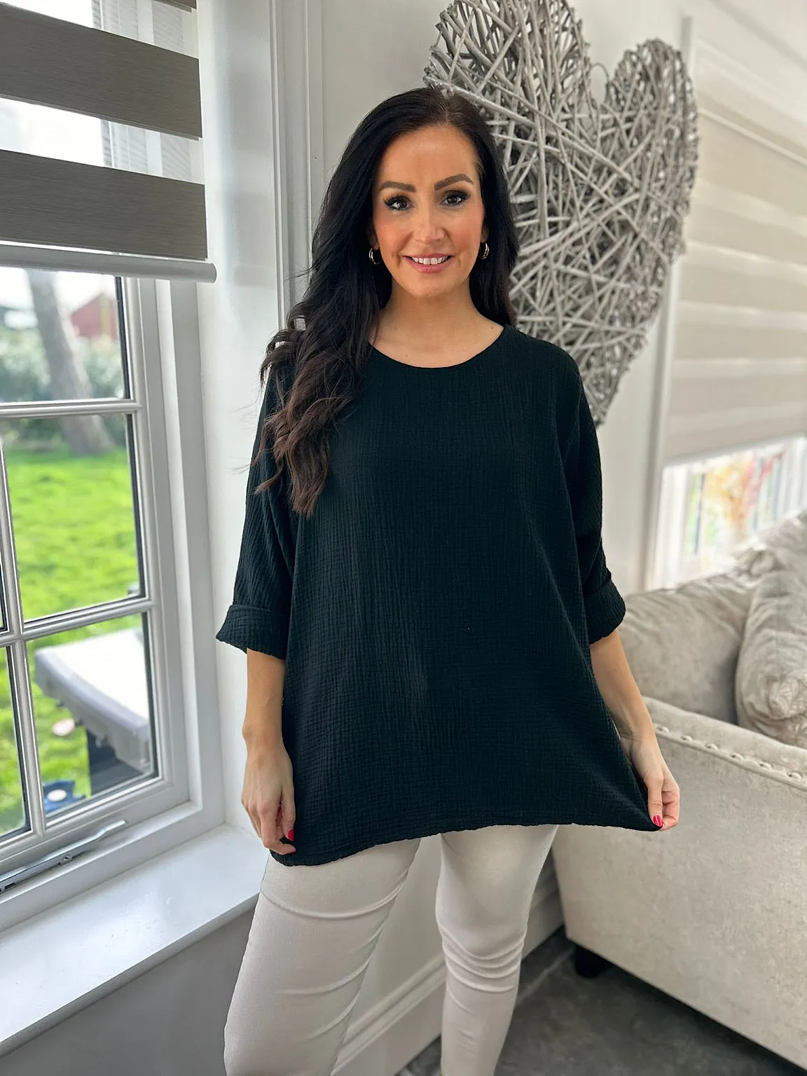 Black Textured Round Neck Top Pippa