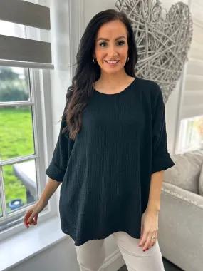 Black Textured Round Neck Top Pippa