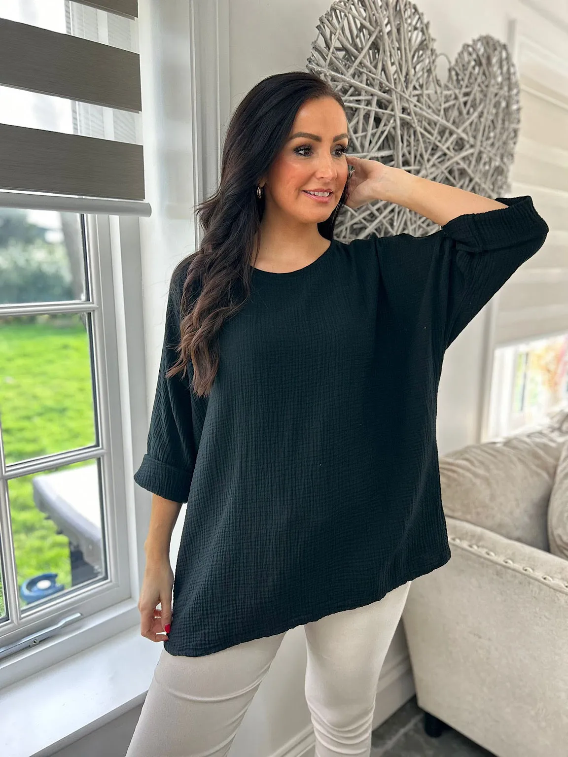 Black Textured Round Neck Top Pippa