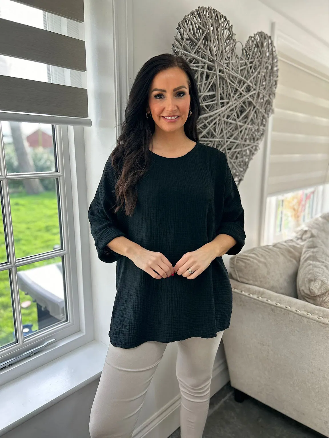 Black Textured Round Neck Top Pippa