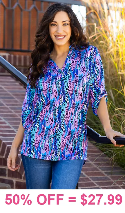 Blue Cheetah v-neck top