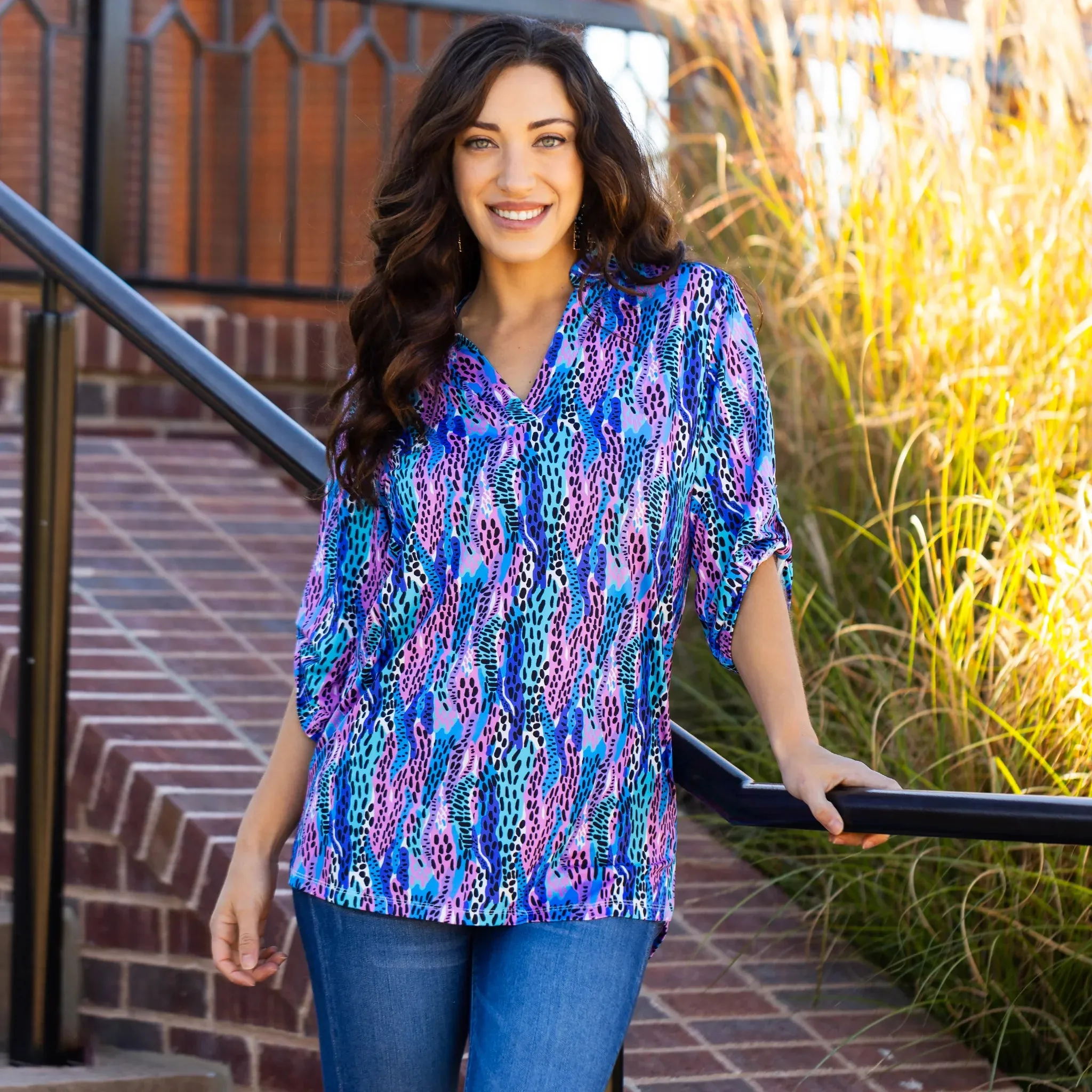 Blue Cheetah v-neck top