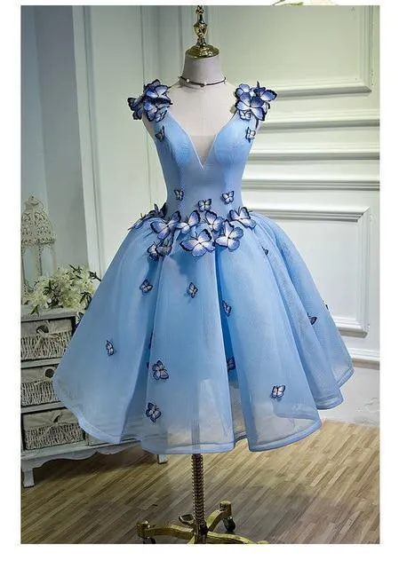 Blue Floral Prom Dress,  Elegant Short Party Dress