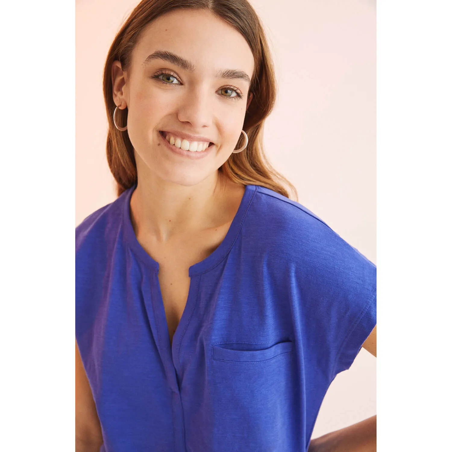 Blue Short-Sleeved Cotton Top - Blue