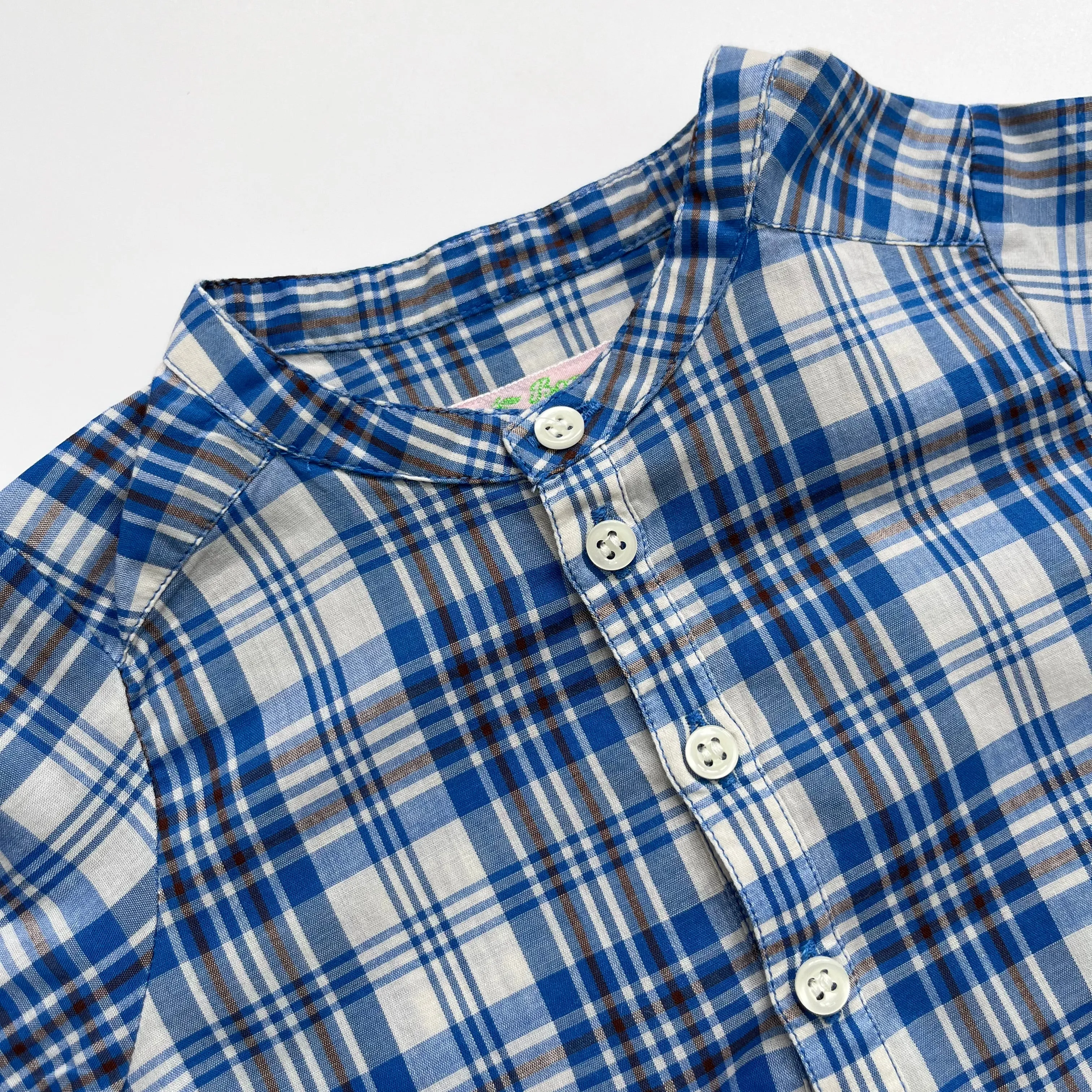 Bonpoint Collarless Blue Check Short Sleeve Shirt: 2 Years