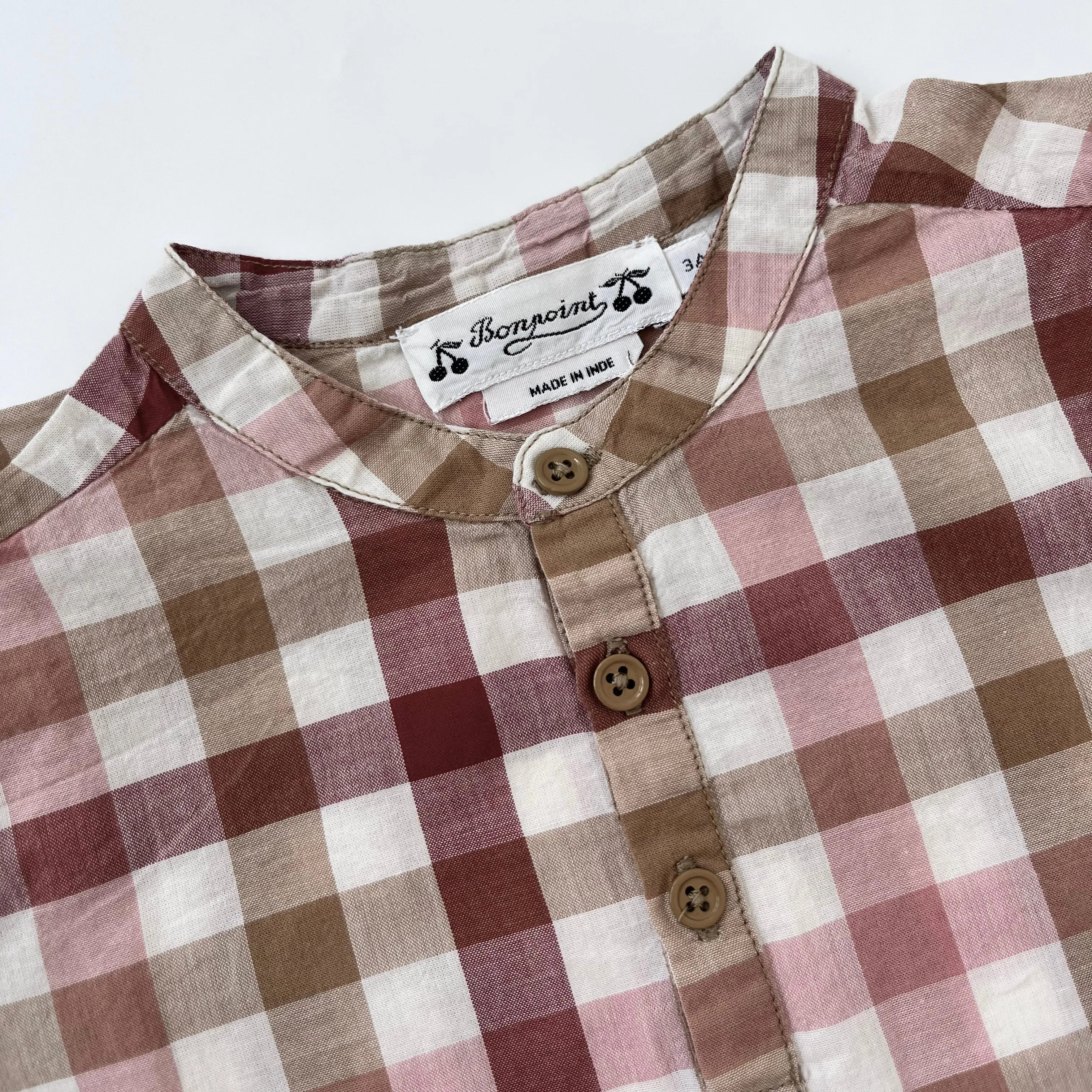 Bonpoint Collarless Rust Check Short Sleeve Shirt: 3 Years