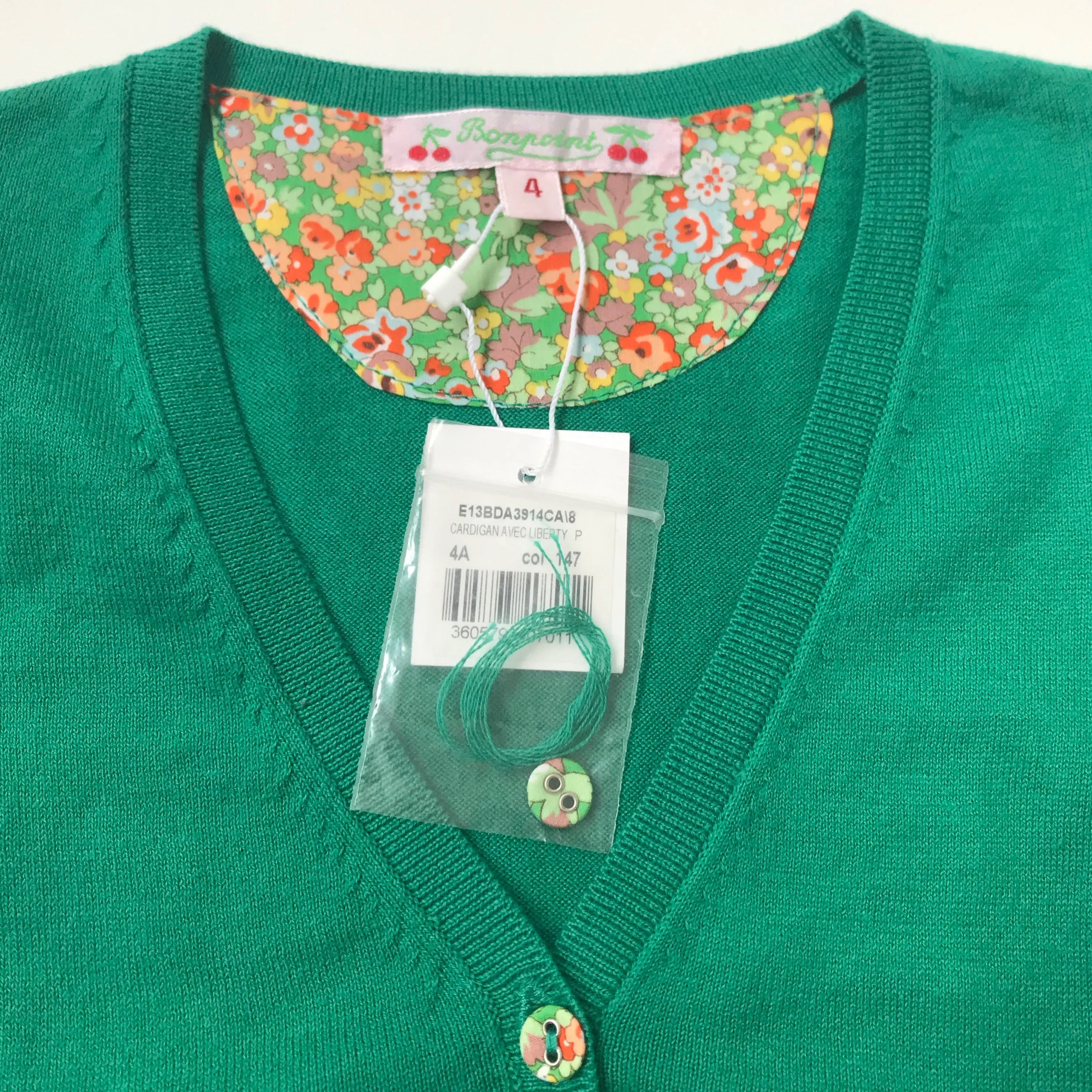 Bonpoint Green Cotton Cardigan With Liberty Print Trim: 4 Years (Brand New)