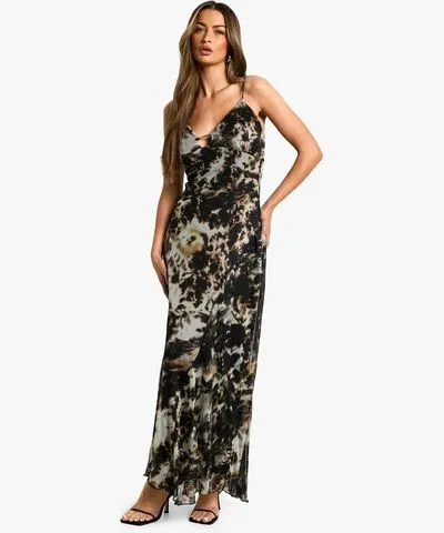 boohoo Womens Smudge Print Strappy Mesh Maxi Dress