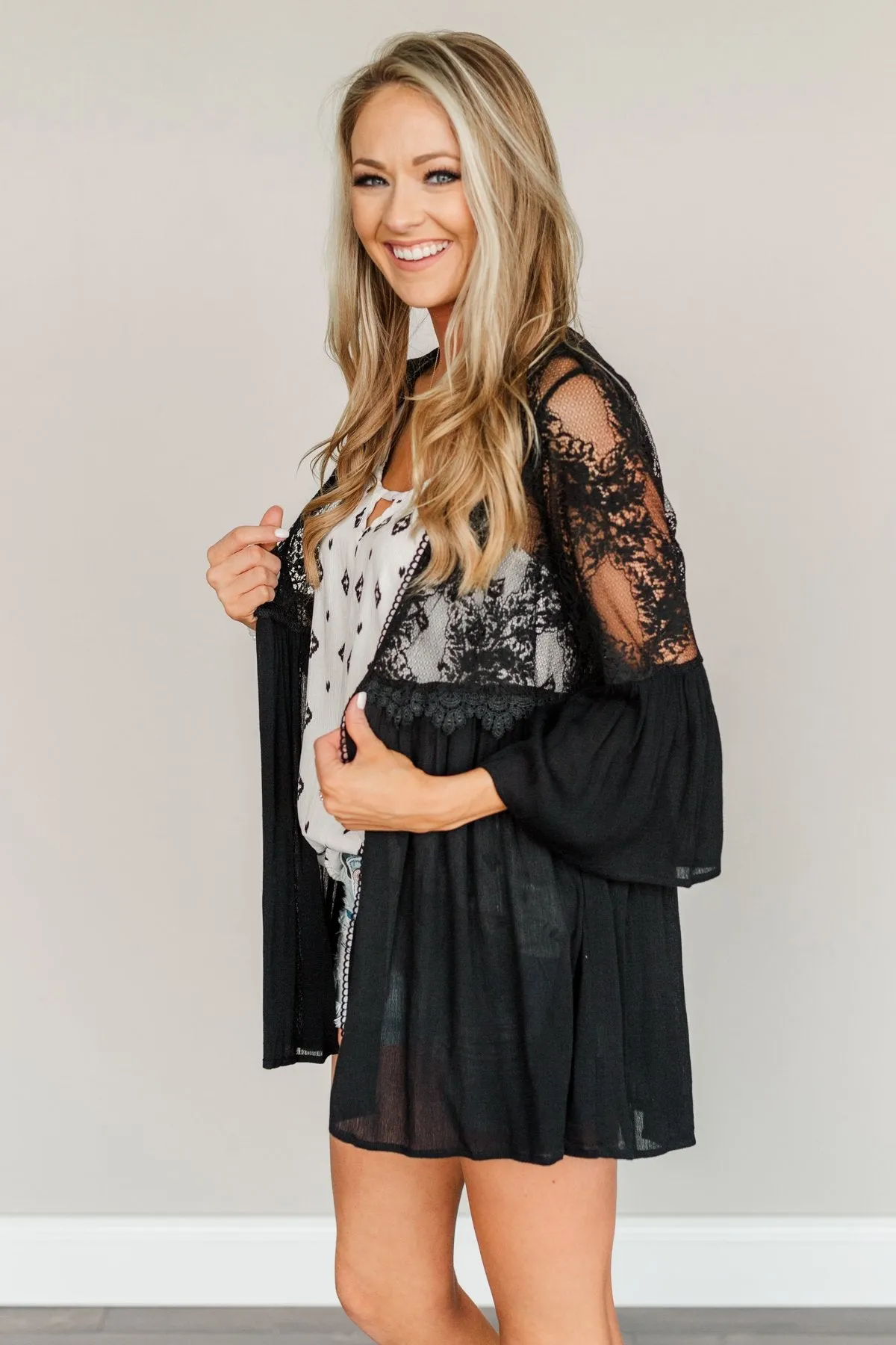 Brighter Days Ahead Lace Kimono- Black