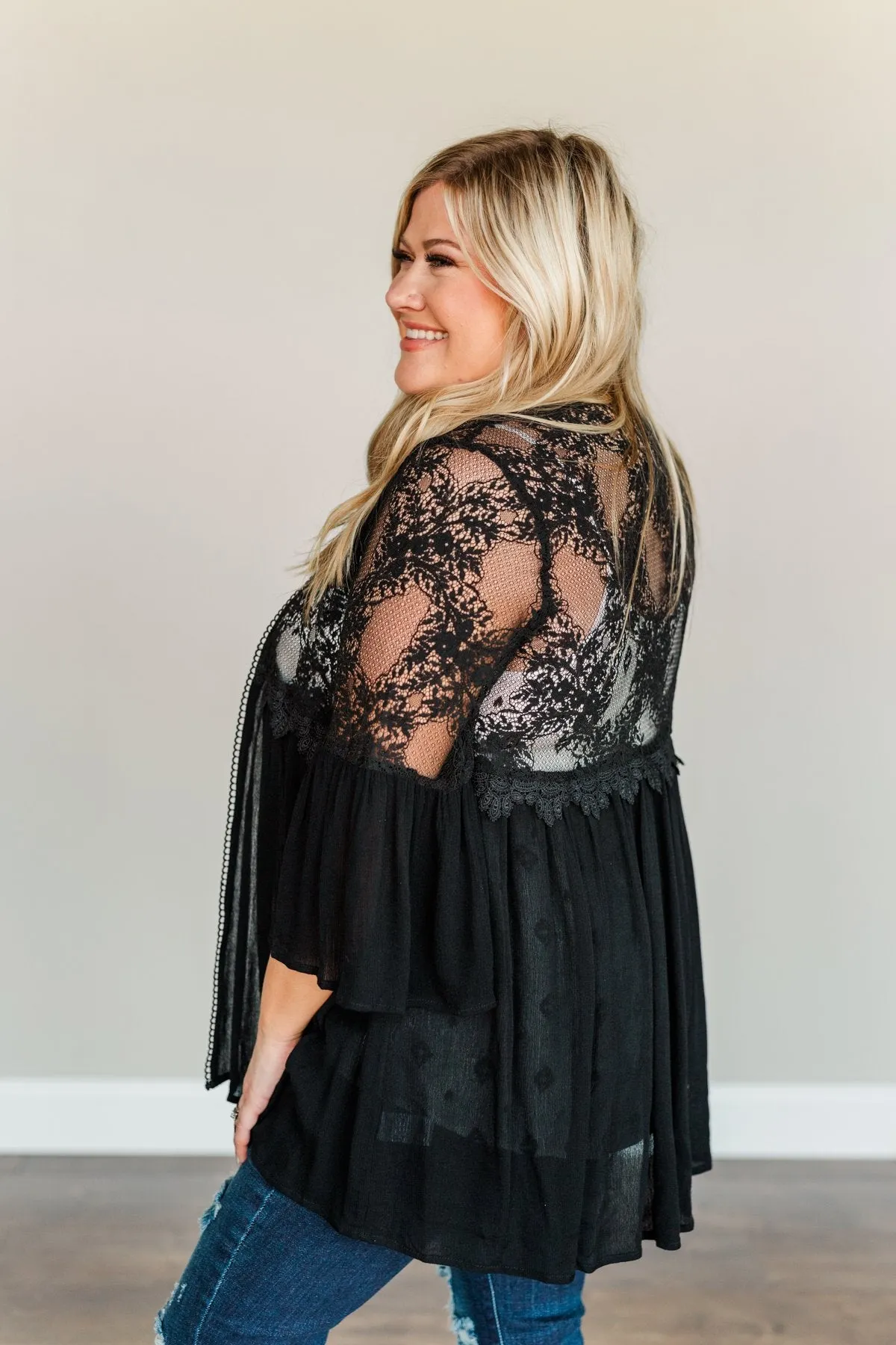 Brighter Days Ahead Lace Kimono- Black