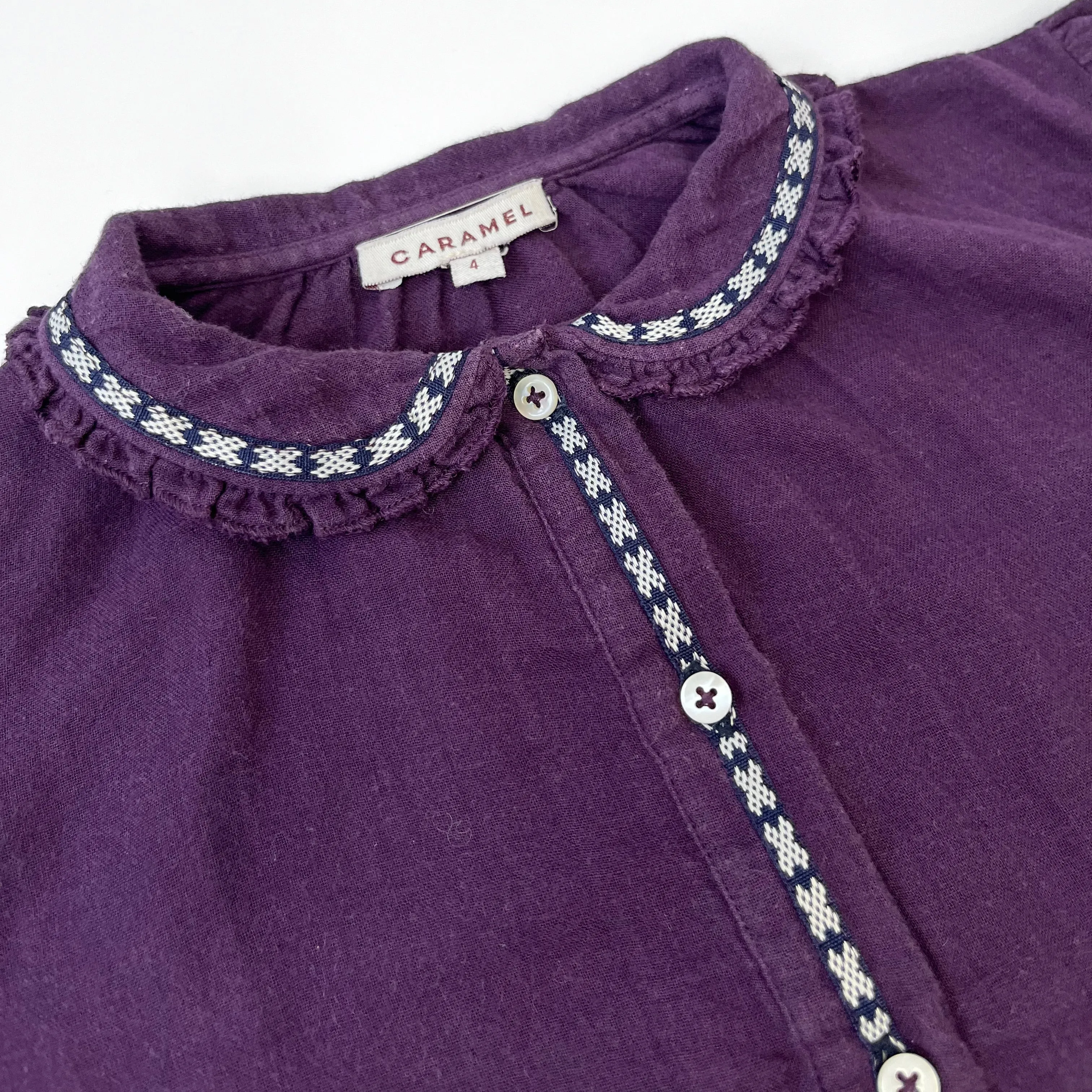 Caramel Dark Purple Brushed Cotton Folk Blouse With Embroidery: 4 Years