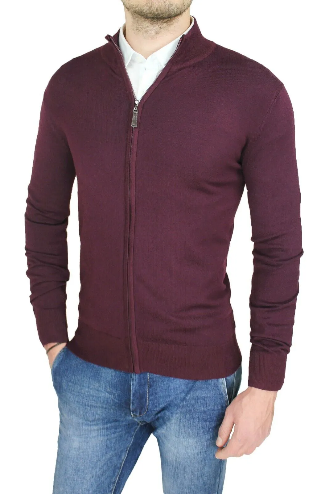 Cardigan maglione uomo Diamond invernale slim fit rosso bordeaux felpa con zip