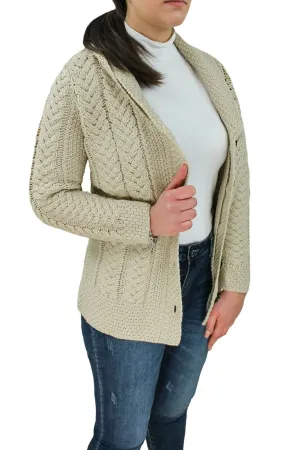 Cardigan pullover donna Lana Cachemire beige panna tessuto a trecce con bottoni