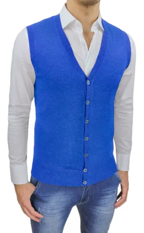 Cardigan smanicato uomo casual Blu Chiaro maglioncino gilet Slim Fit in cotone