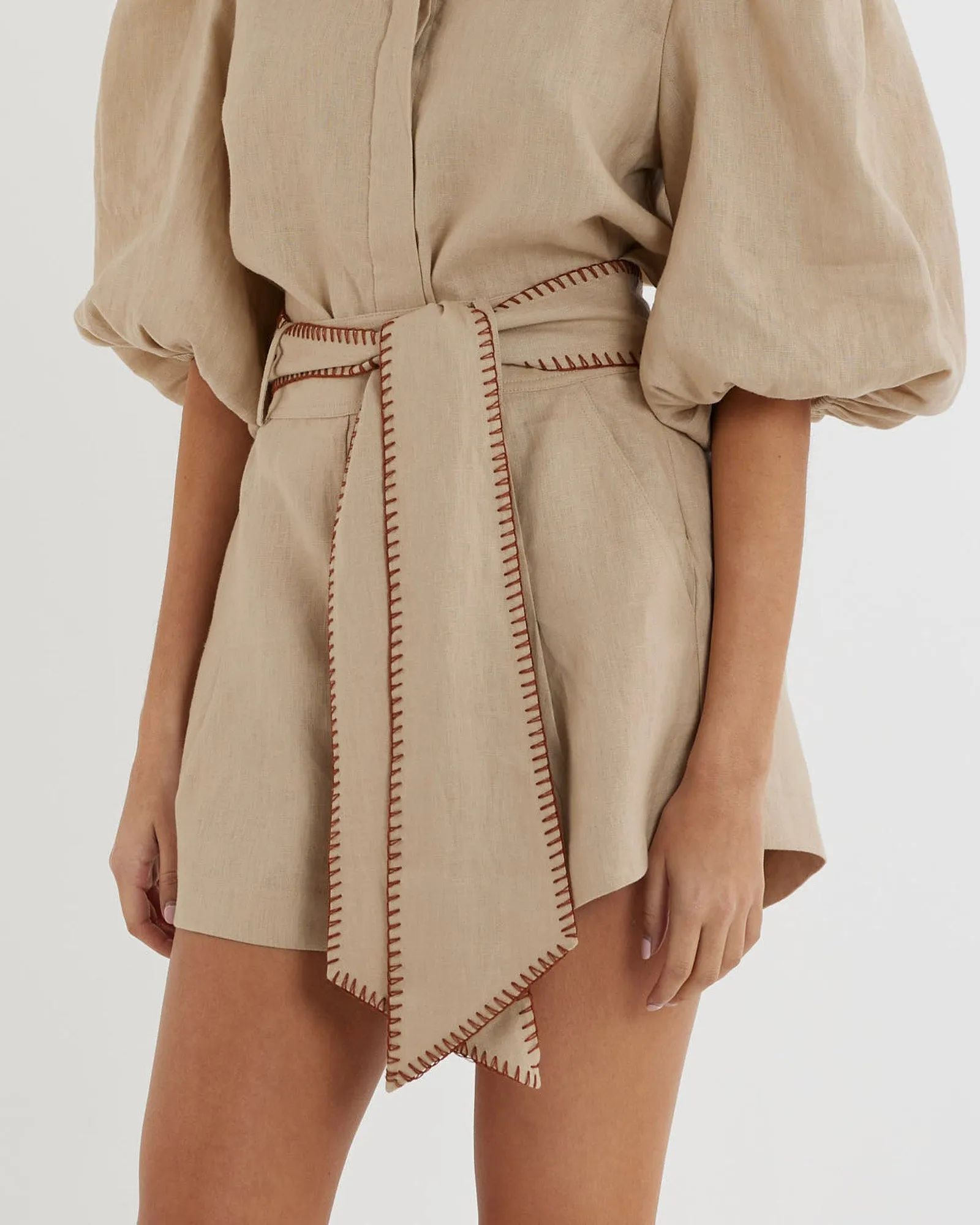 Chloe Stitch Detail Linen Short - Sand