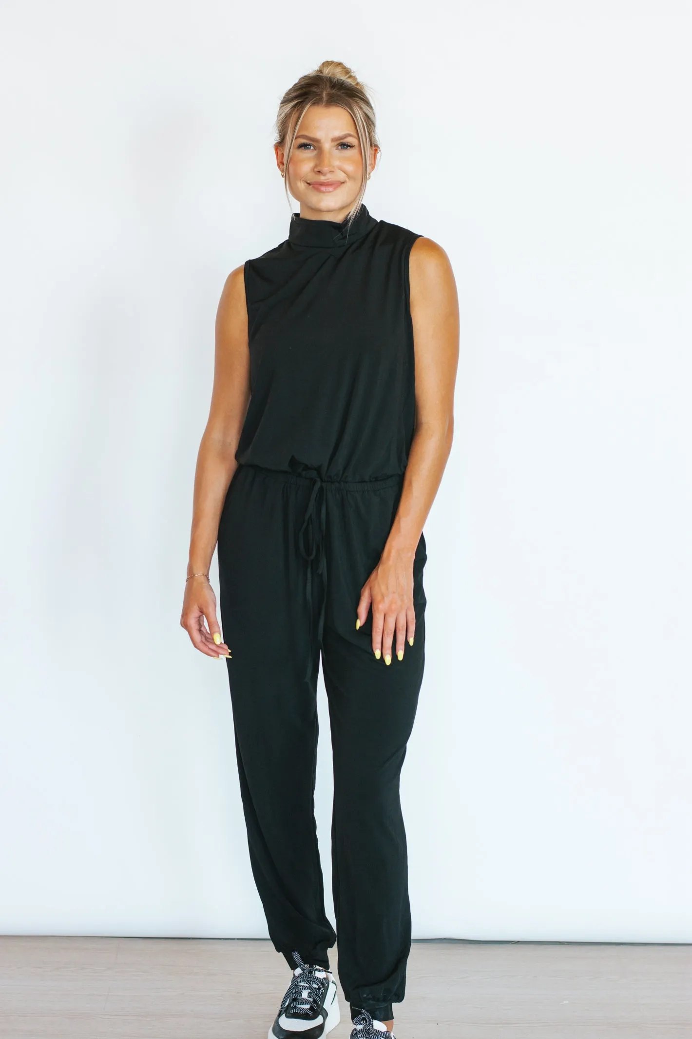 Doing Just Fine Black Mock Neck Jumpsuit