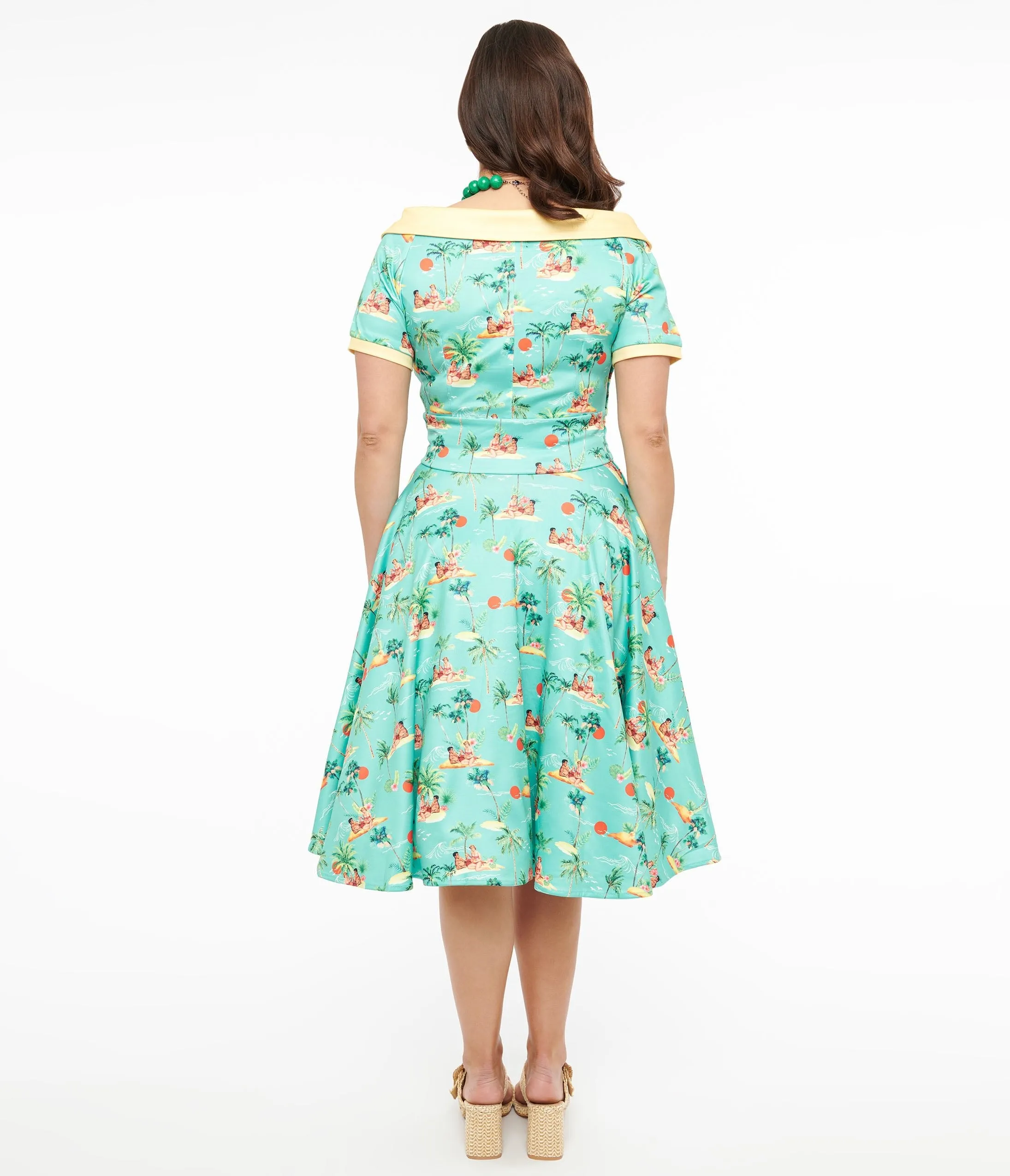 Dolly & Dotty 1950s Sea Blue Island Pinup Couple Print Darlene Swing Dress