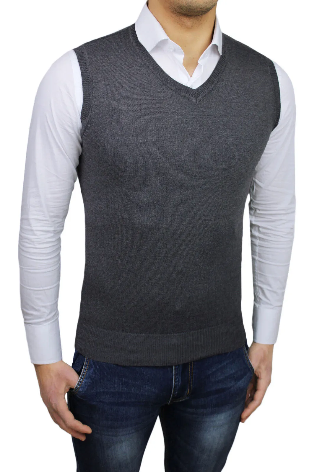 GILET SMANICATO UOMO GRIGIO SCURO CASUAL SLIM FIT ADERENTE MAGLIA GOLF CARDIGAN