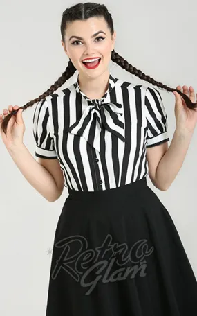 Hell Bunny Juno Tie Blouse in Black & White Stripe