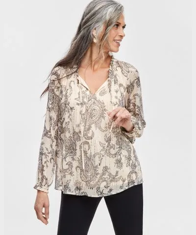 JM Collection Women's Printed Metallic Chiffon Blouse