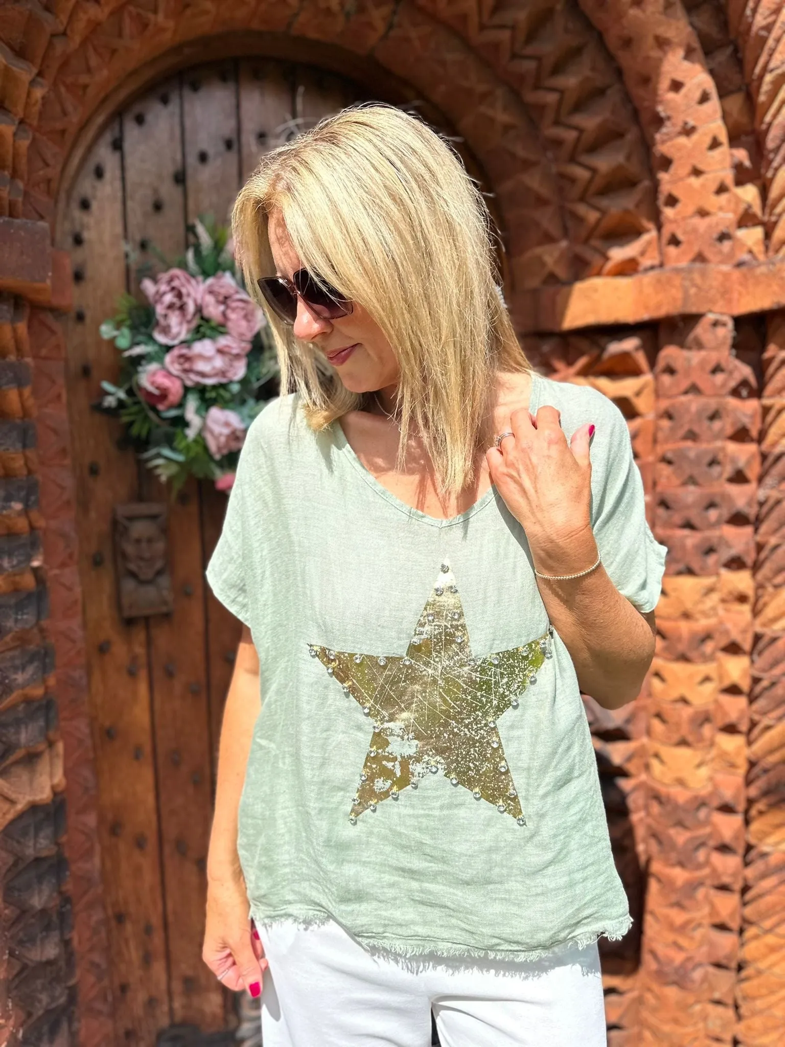 Khaki Linen Diamante Star Top Shona