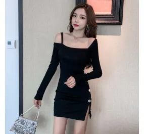 Long-Sleeve Cold Shoulder Button Accent Plain Slit Mini Bodycon Dress aa35