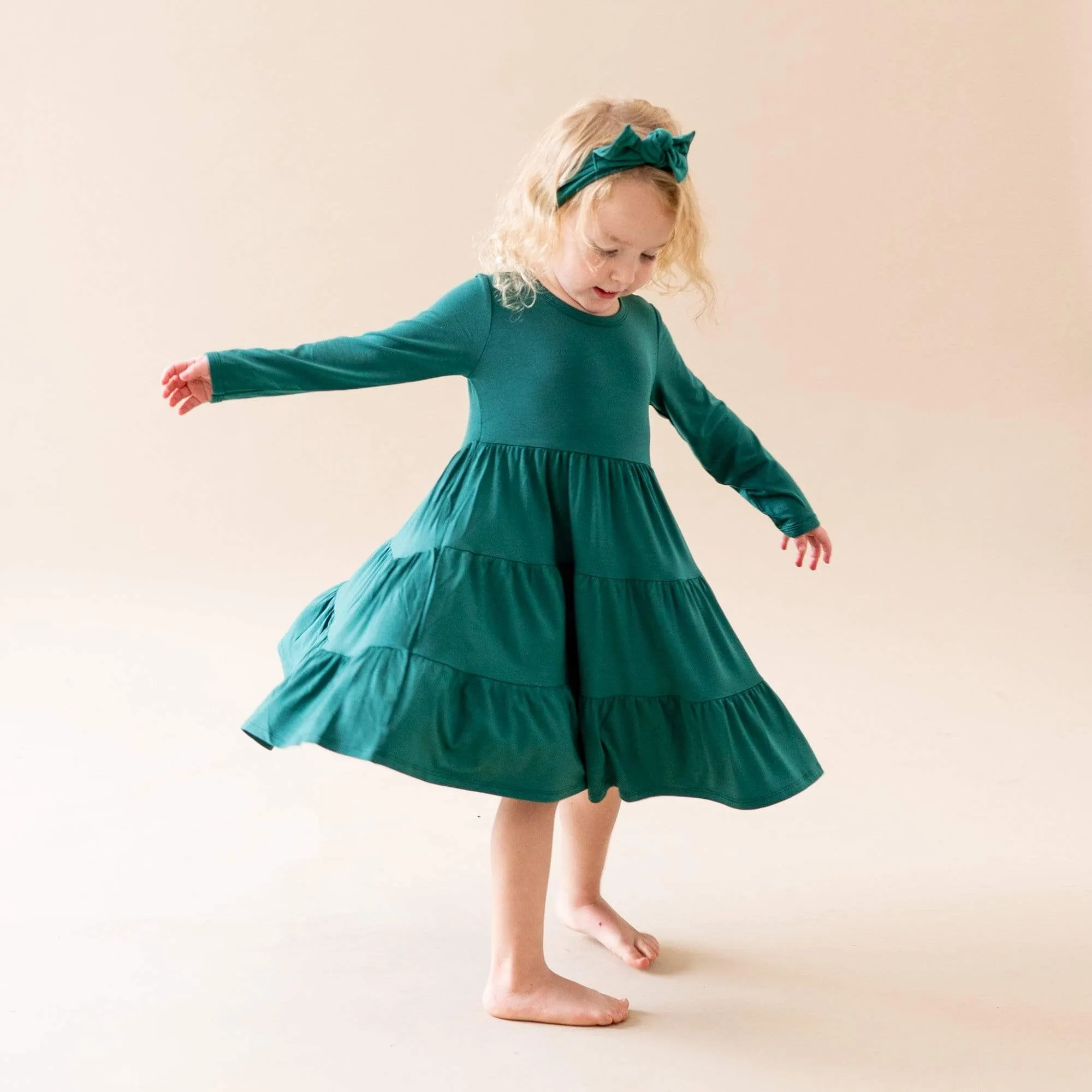 Long Sleeve Tiered Dress in Emerald