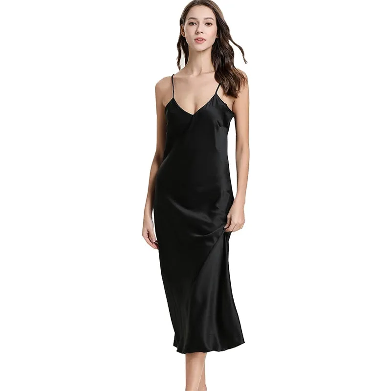 Long Slip Sleep Dress Silk V Neck Sleepwear Solid Color Nightwear