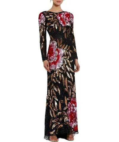 Mac Duggal Floral Patter Sequin Long Sleeve Dress