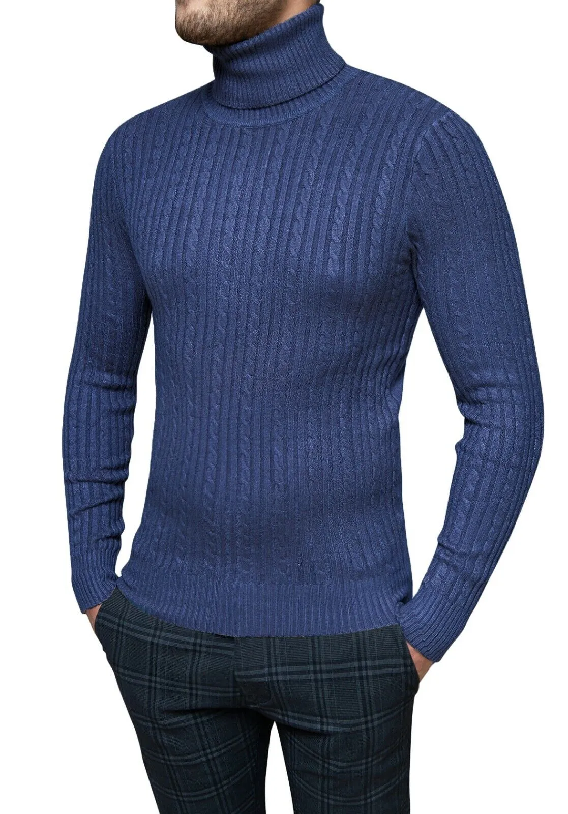 Maglione dolcevita uomo blu scuro invernale a trecce slim fit cardigan pullover