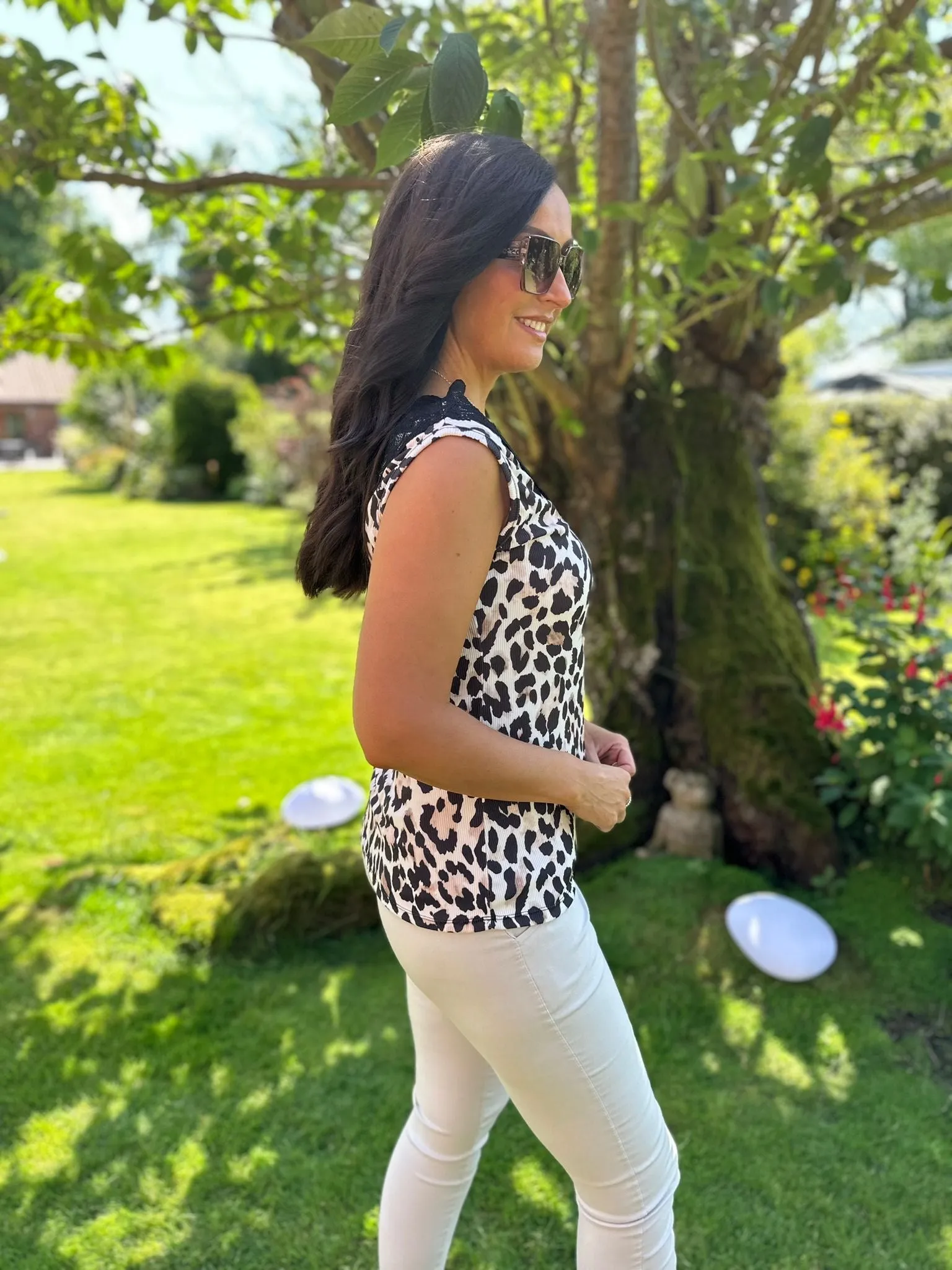 Natural Leopard Lace V Neck Top Martha