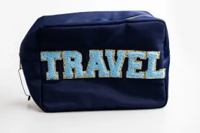 Navy Extra Large Nylon Pouch with T-R-A-V-E-L paches