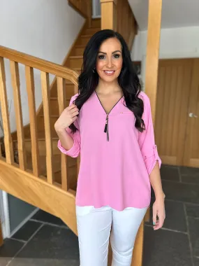 Pink Crepe Tassel Zip Blouse Kelly