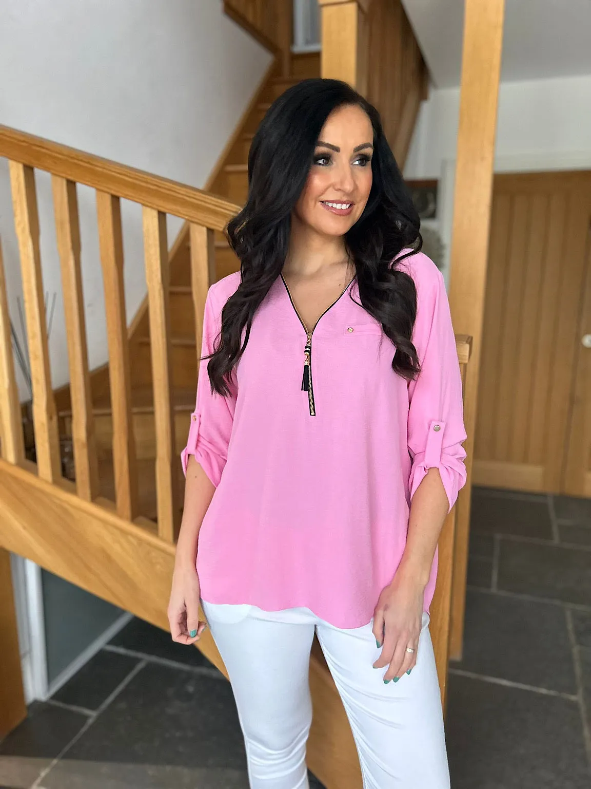 Pink Crepe Tassel Zip Blouse Kelly