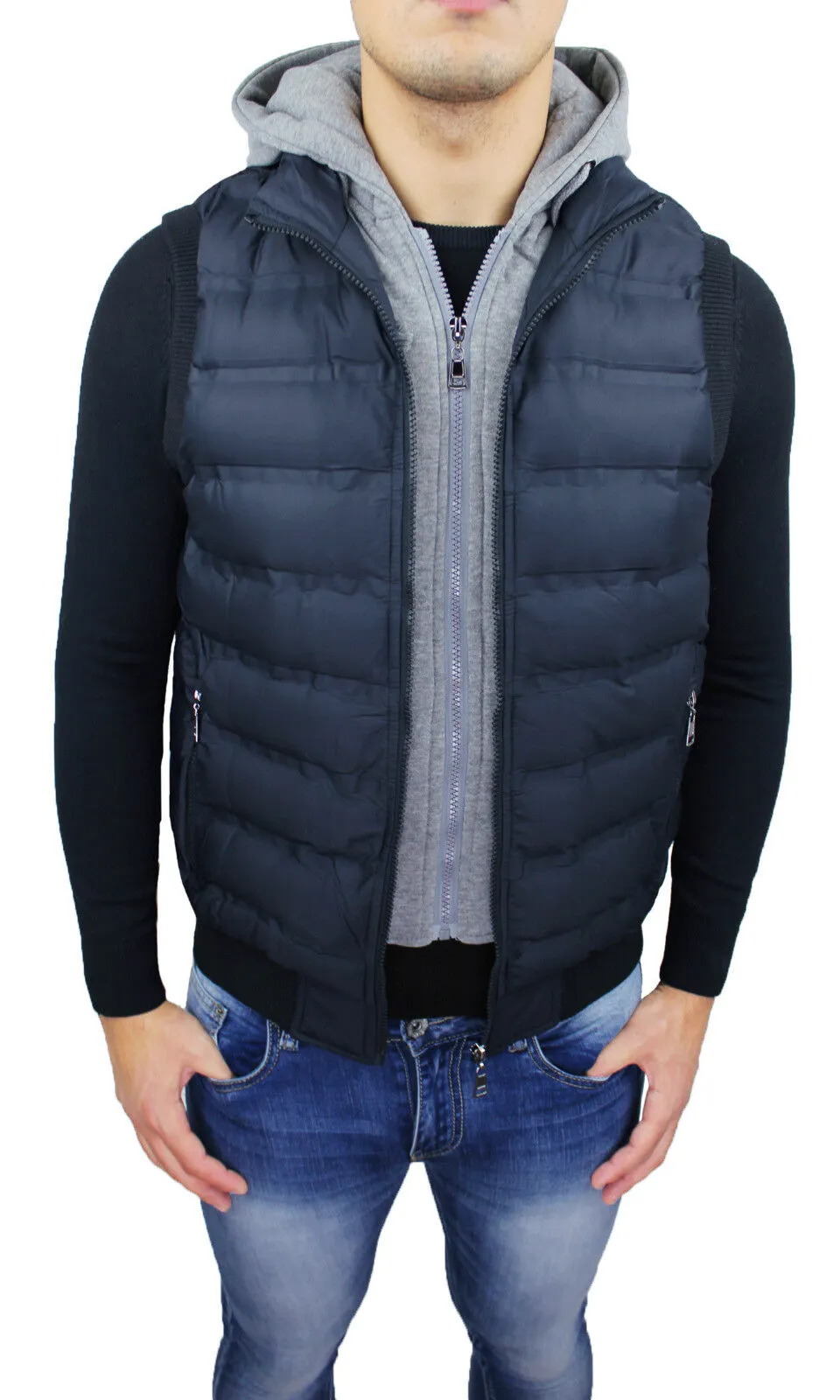 PIUMINO UOMO SMANICATO GILET BLU SLIM FIT BOMBER CARDIGAN CON FELPA CAPPUCCIO