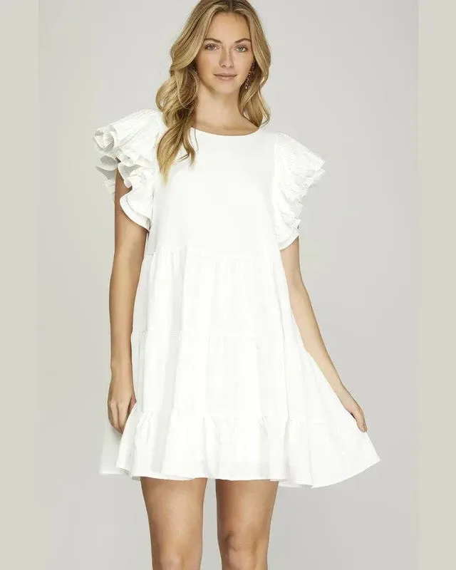 Pleated Ruffle Sleeve Tiered Dress