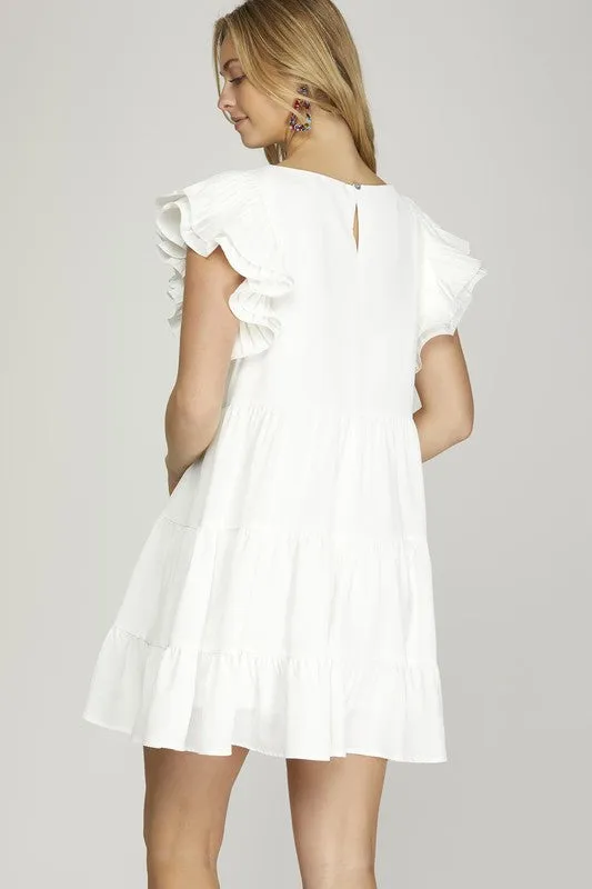 Pleated Ruffle Sleeve Tiered Dress