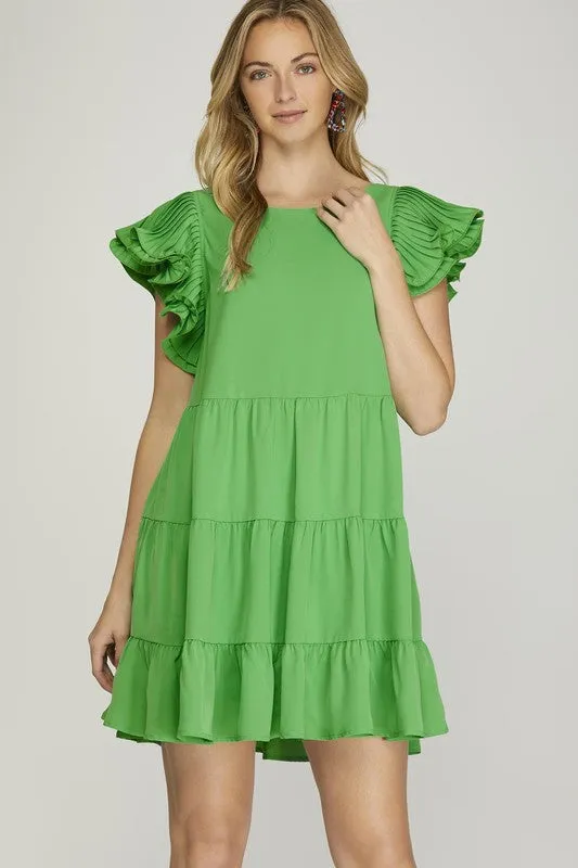 Pleated Ruffle Sleeve Tiered Dress