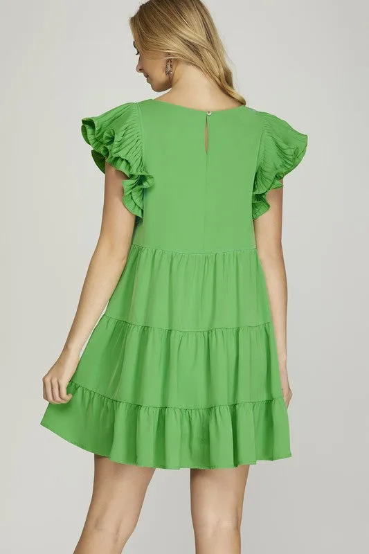 Pleated Ruffle Sleeve Tiered Dress