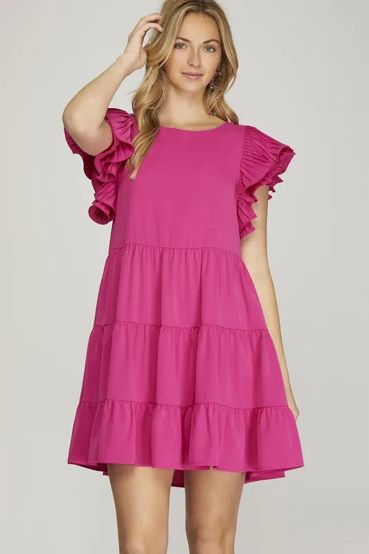 Pleated Ruffle Sleeve Tiered Dress