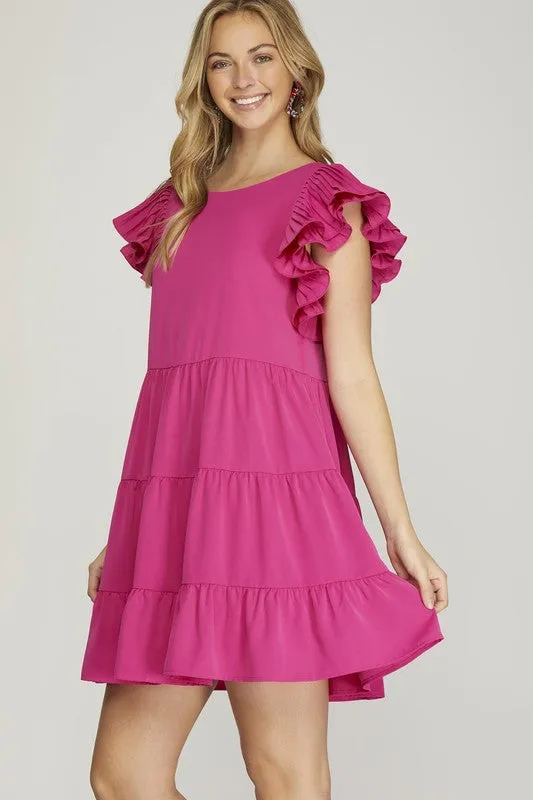 Pleated Ruffle Sleeve Tiered Dress