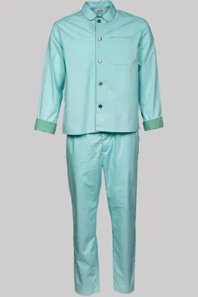 PYJAMA AQUA with green piping 100% COTTON Popeline fabric-dyed